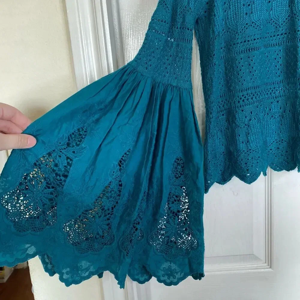 FREE PEOPLE Once Upon A Time Blouse Dark Turquoise Size Small Bell Sleeves
